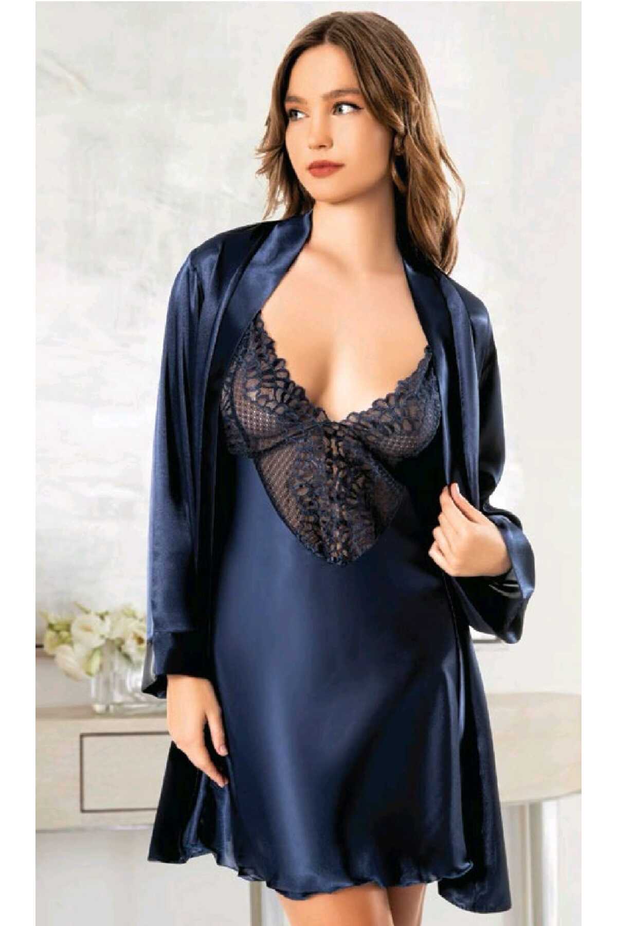 MARİA CALZE Kadın 2'Li Saten Gecelik ve Sabahlık Takımı Dantelli Şık Tasarım