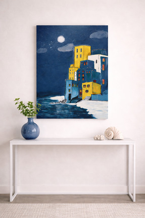 Arhomeartstudio 50x70 Gece Deniz Manzaralı Renkli Binalar El Yapımı Modern Du...