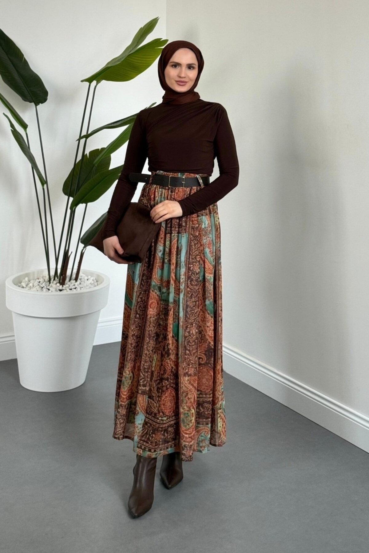 MERVEN AKYÜZ  Caroline Etnik Desen Etek Camel - Görsel 3