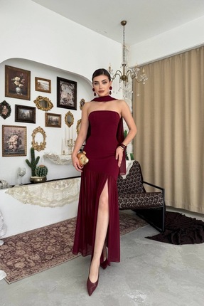 ETİKAFASHION Boyun Şal Detaylı Straplez Uzun Elbise