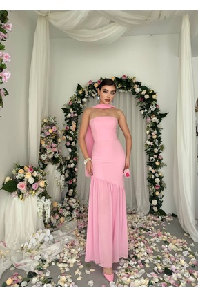 ETİKAFASHION Boyun Şal Detaylı Straplez Uzun Elbise