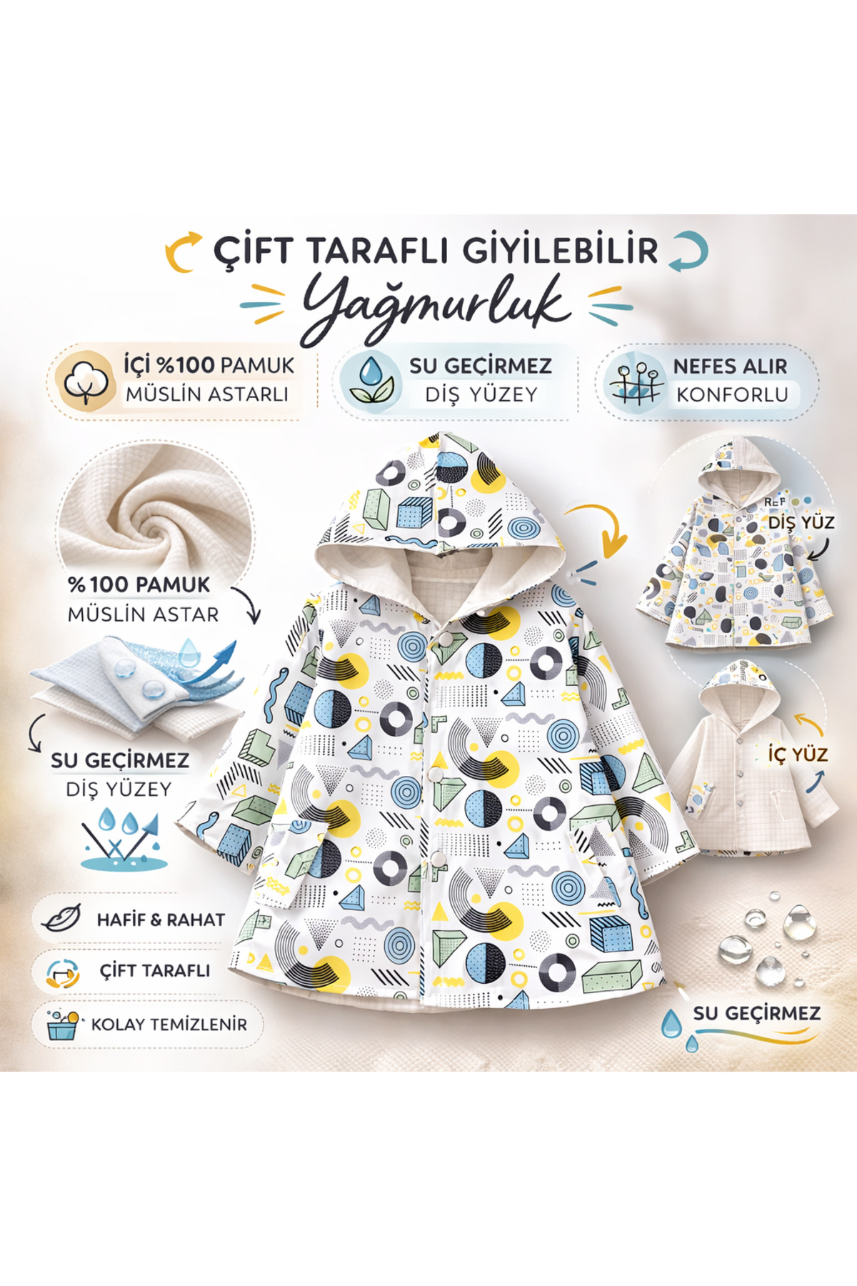 tinibud Terletmeyen Çift Taraflı Erkek Çocuk Yağmurluk 2-5 Yaş %100 Pamuk Müslin Astarlı fotoğrafı 6 (önizleme)