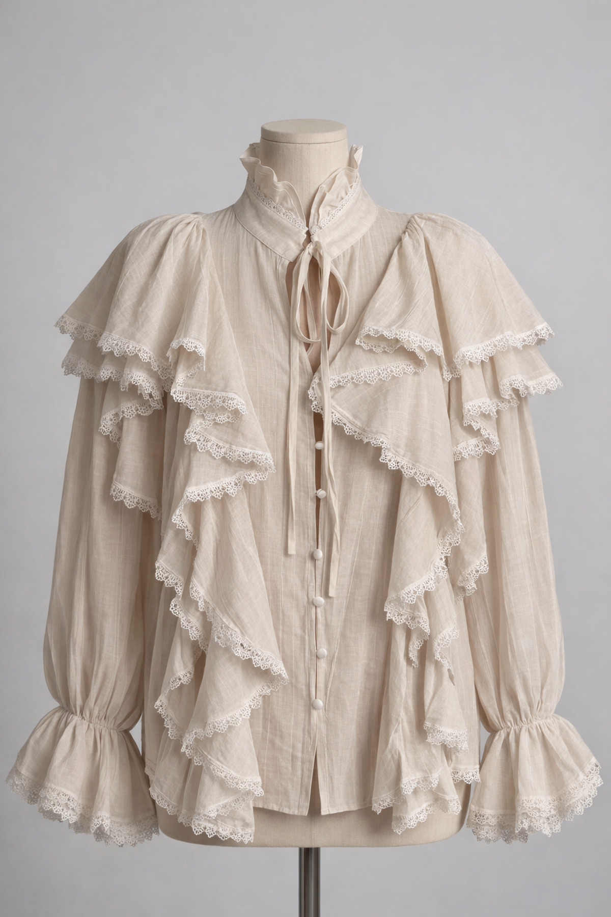 Berf  Bej Krem Dantel ve Bağlama Detaylı Vintage Gömlek
