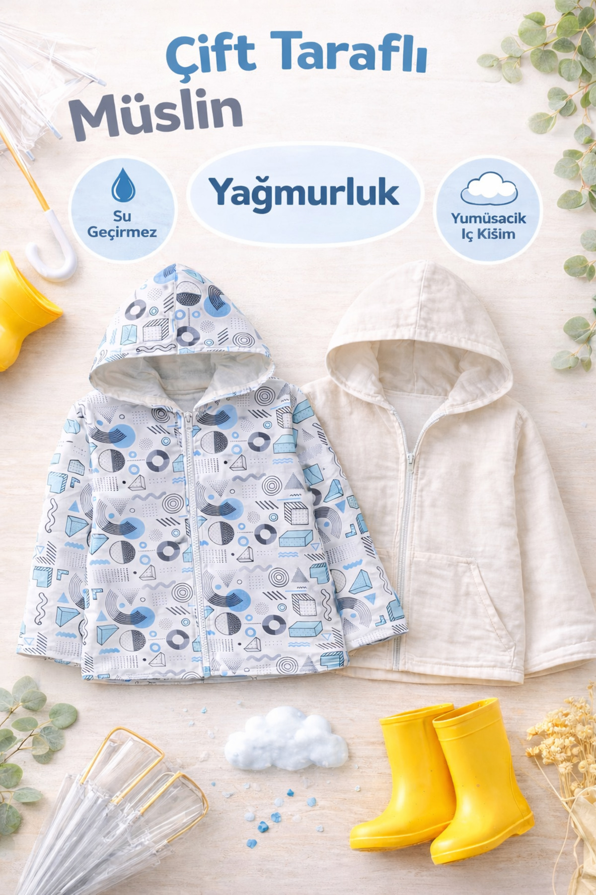 tinibud Terletmeyen Çift Taraflı Erkek Çocuk Yağmurluk 2-5 Yaş %100 Pamuk Müslin Astarlı fotoğrafı 6 (önizleme)