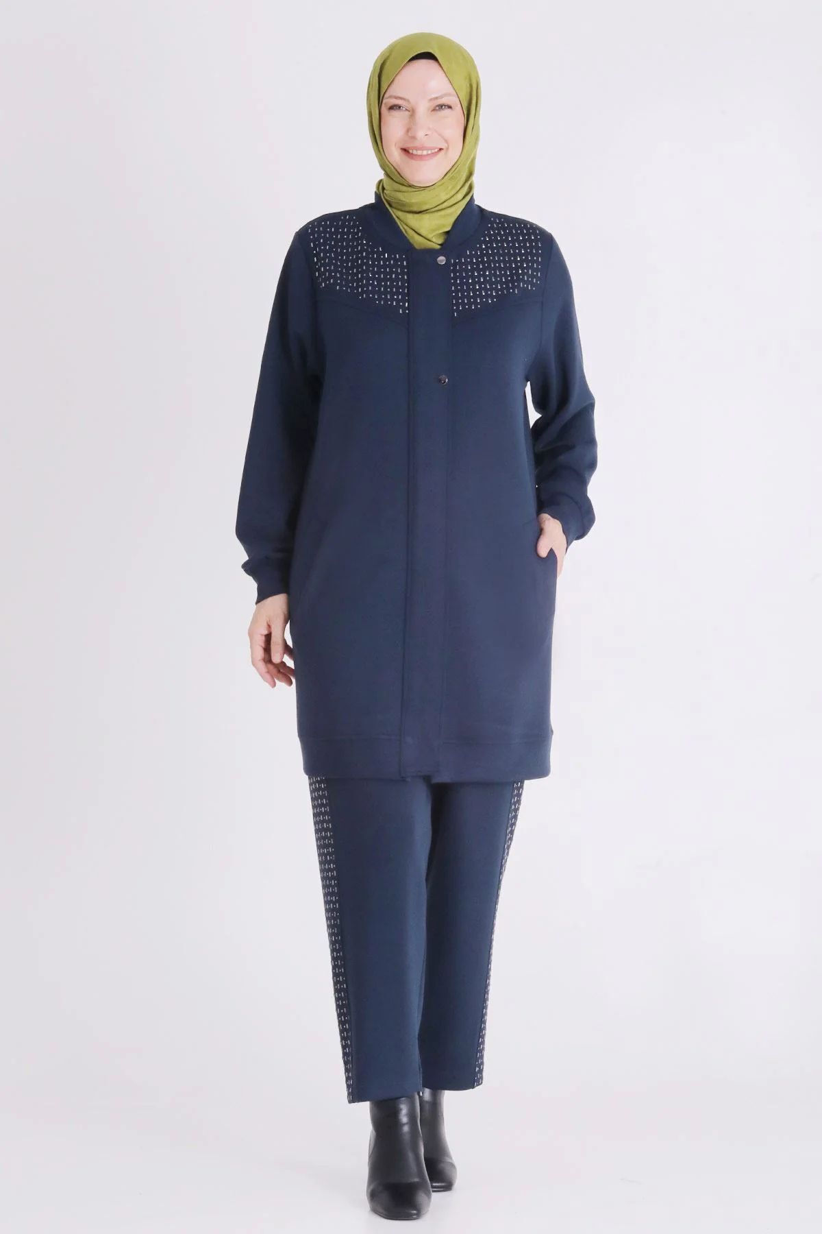 Behrem pantolonlu takım Taşlı önü fermuarlı spor şık takım lacivert - 3XL