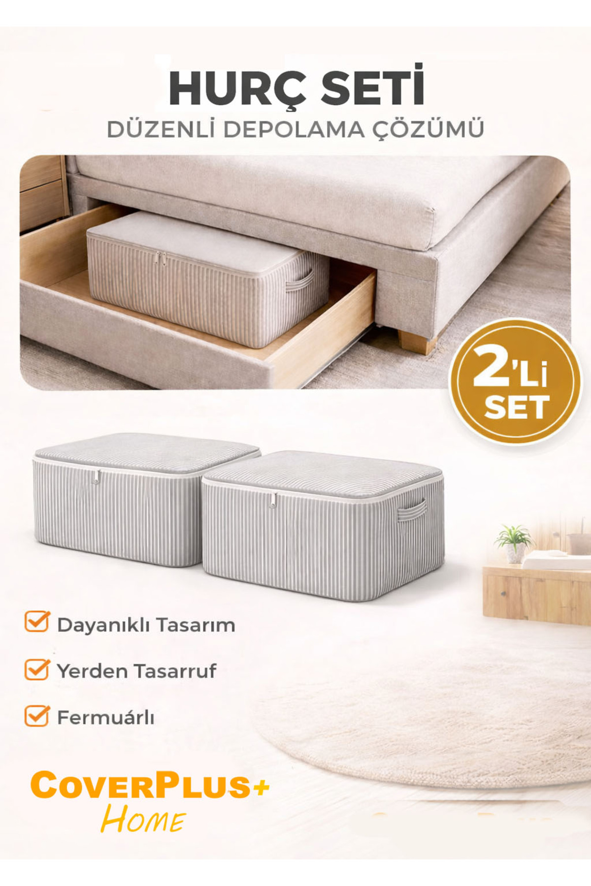 Anthracite Striped Sofa Bed and Under Bed Hatch Quilt, Clothes, Storage, Organizer (2 Pieces)