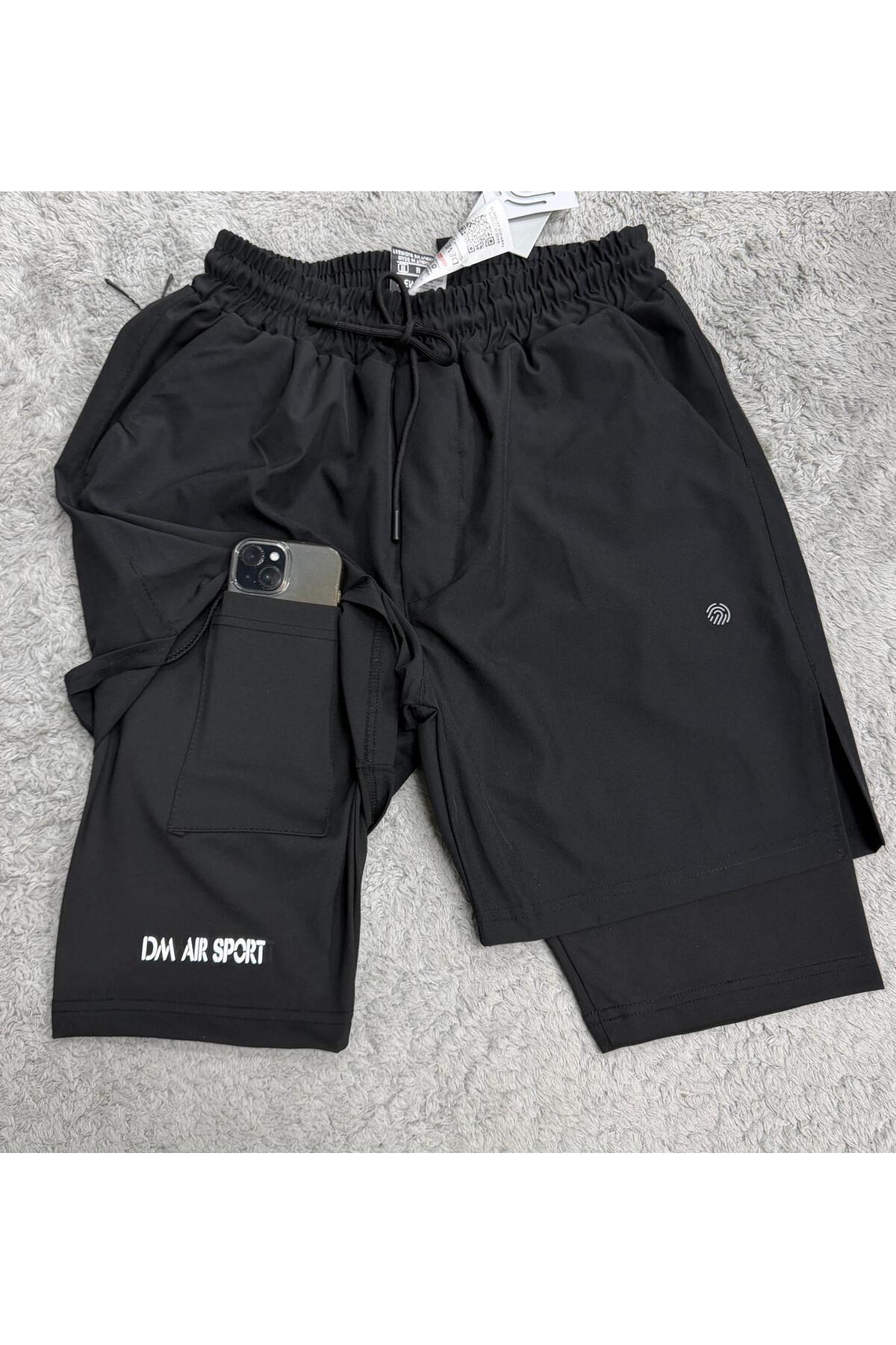 Demente  2 In 1 Şort telefon cep'li havluluk Gym Ve Fitness Astarlı Taytlı Şort - Görsel 3