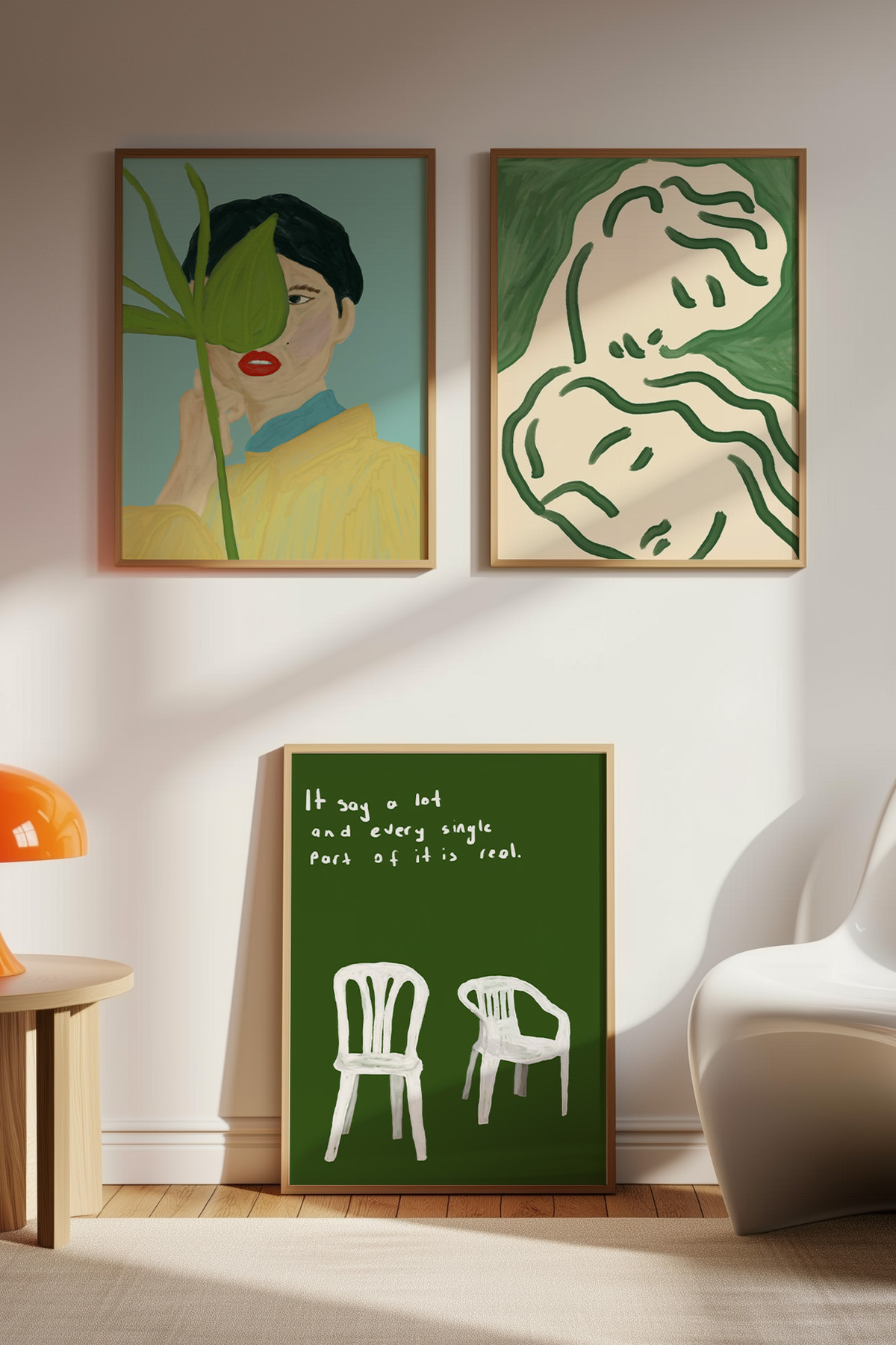 3’lü Modern Sanatsal Poster Tablo Seti Yeşil Tonlu Duvar Dekoru Çerçevesiz