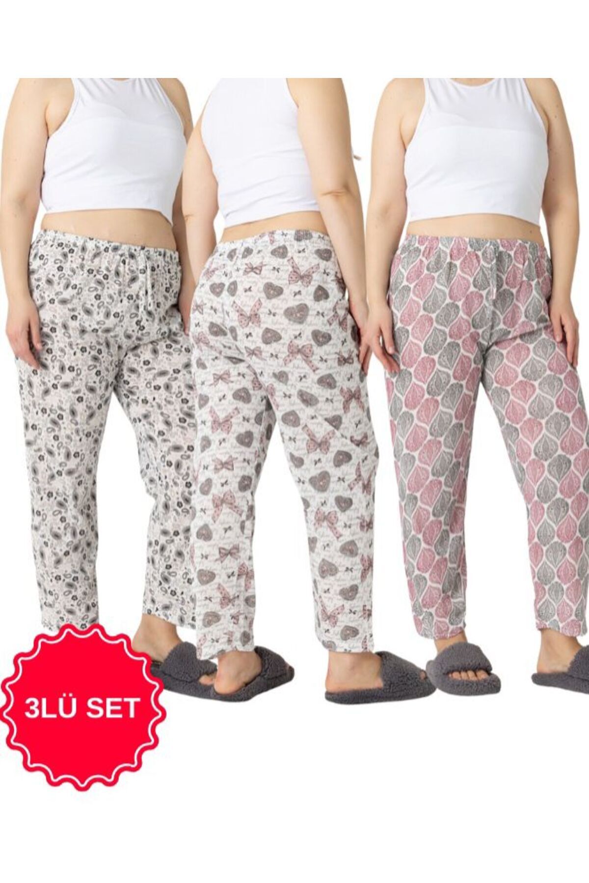 LOTTEBELLA  3Lü Paket Büyük Beden Pamuklu İnce Nefes Alabilen Kumaş Desenli Pijama Altı