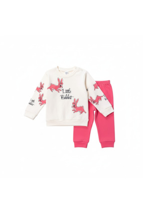 Giddy %100 Pamuk Tavşan Desenli, Uzun Kollu, Kız Bebek 2’li Takım