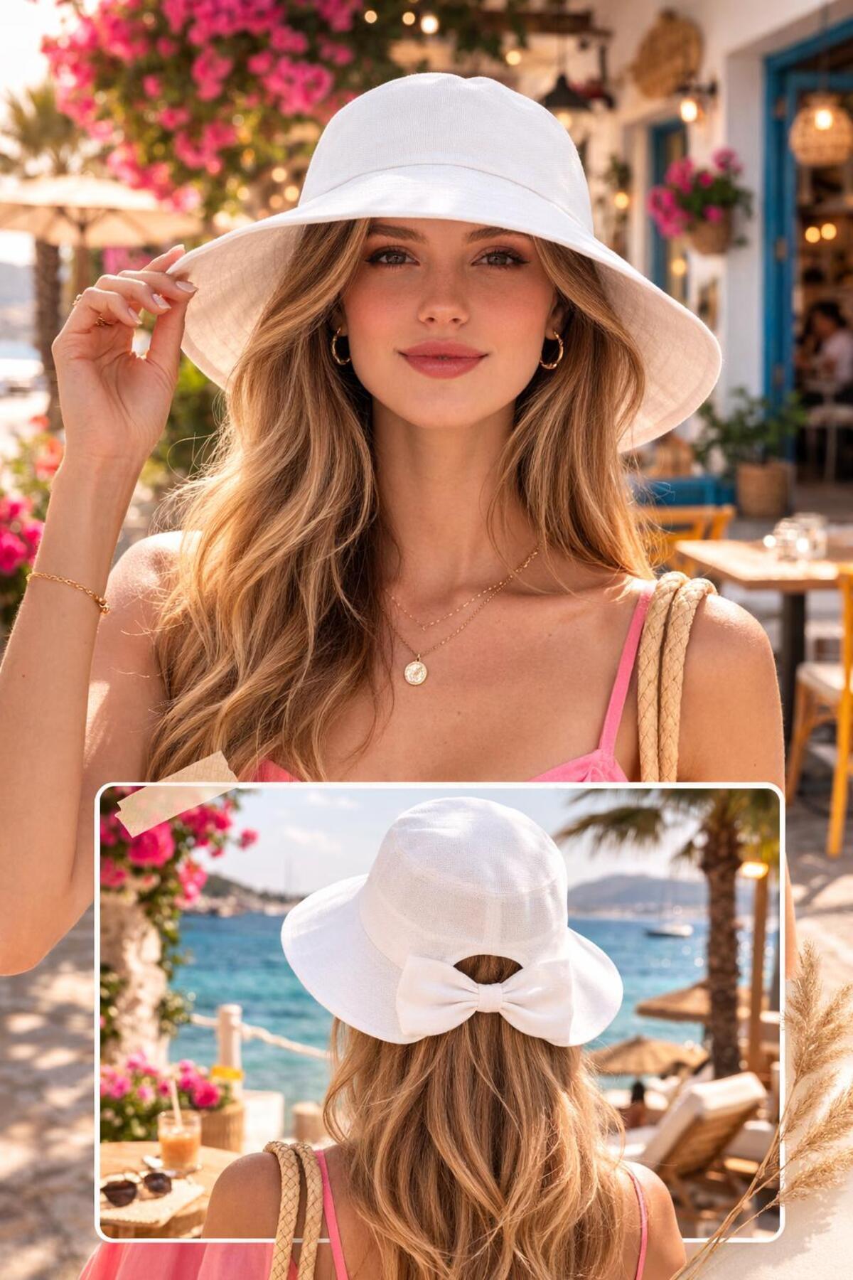 Wearflawless Kadın Keten Bucket Fiyonklu Beyaz Yazlık Plaj Şapkası, Ayarlanabilir Geniş Kenarlı Tatil Şapkası görsel 2