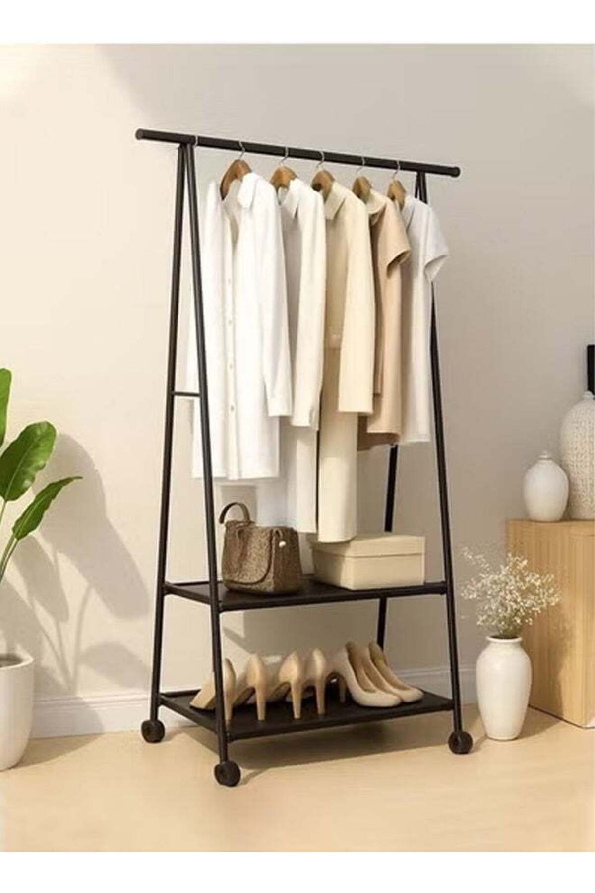 رف ملابس معدني، حامل ملابس متعدد الوظائف بعجلات، م...