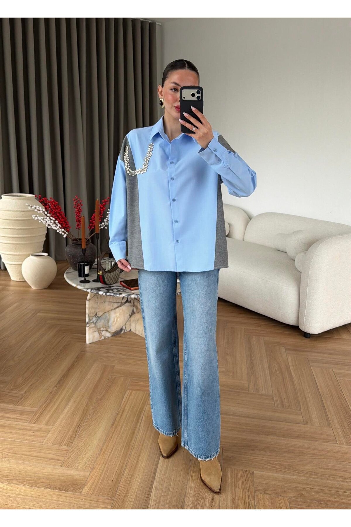 Selin Damla  Kadın Triko Mixli Taşlı Mavi Gömlek - Görsel 2