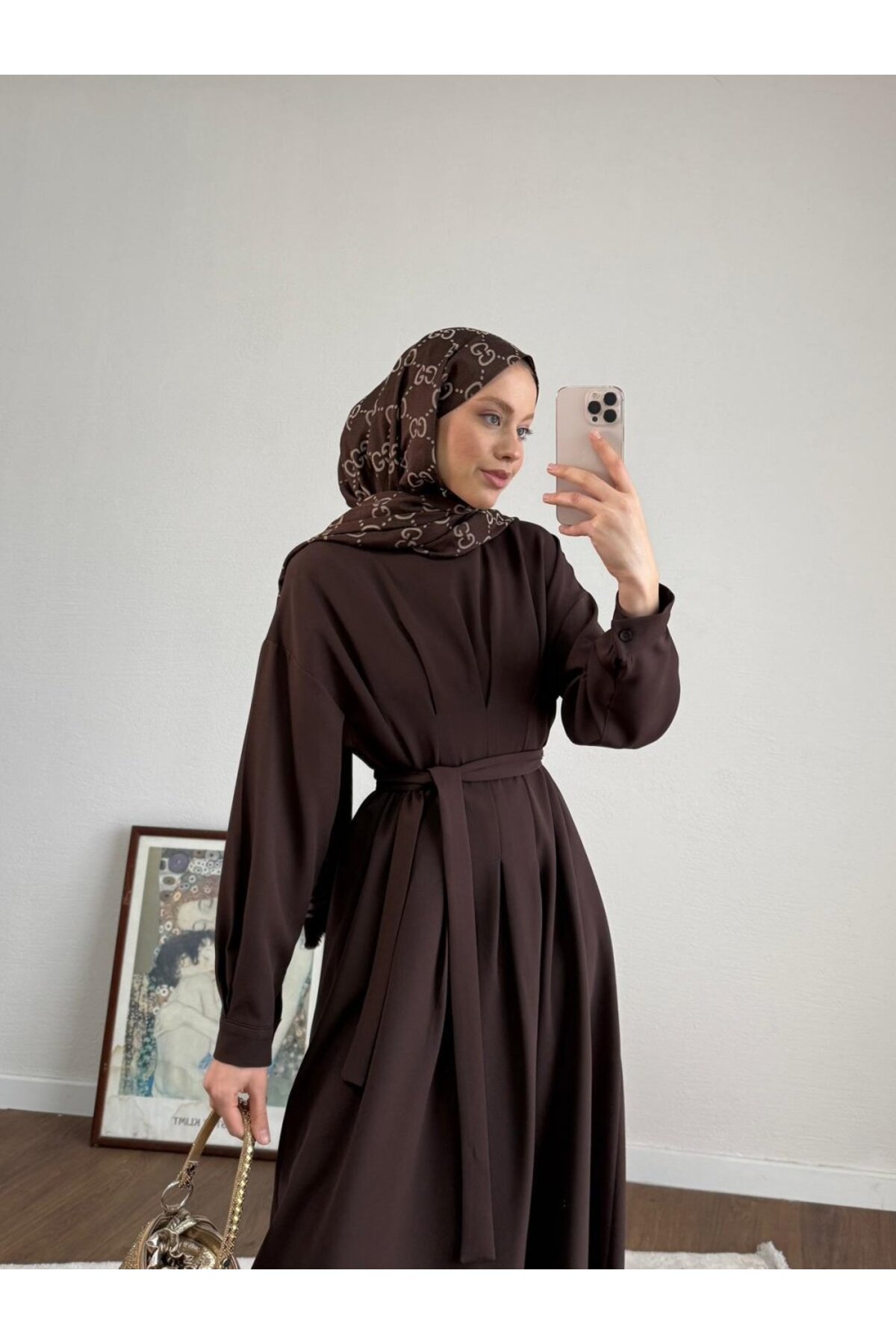 RFK Butik  Kadın Pensli Double Kumaş Elbise - Kahverengi - Görsel 4