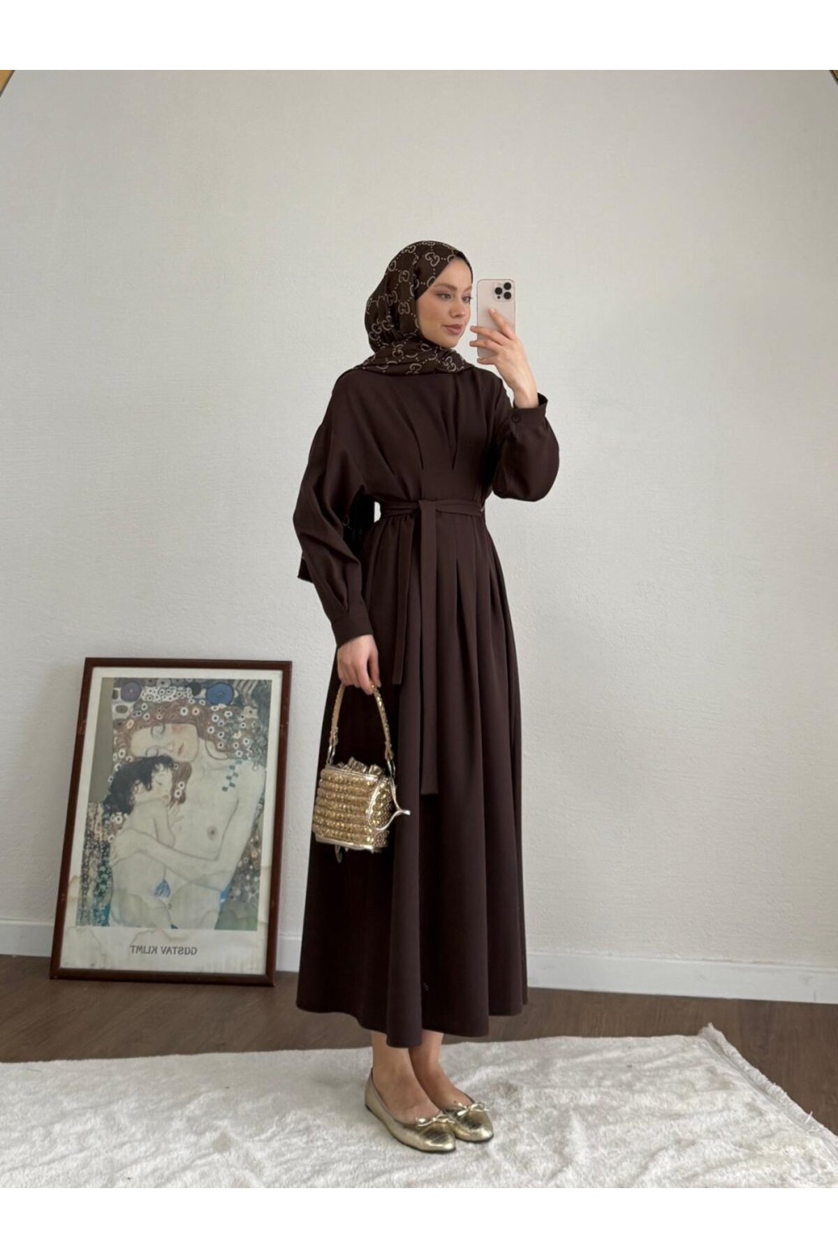 RFK Butik  Kadın Pensli Double Kumaş Elbise - Kahverengi