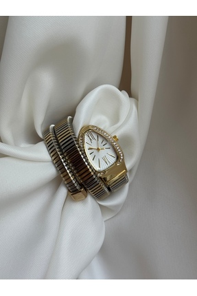 lotusbybuket Paslanmaz çelik silver sarmal yılan model taşlı saat