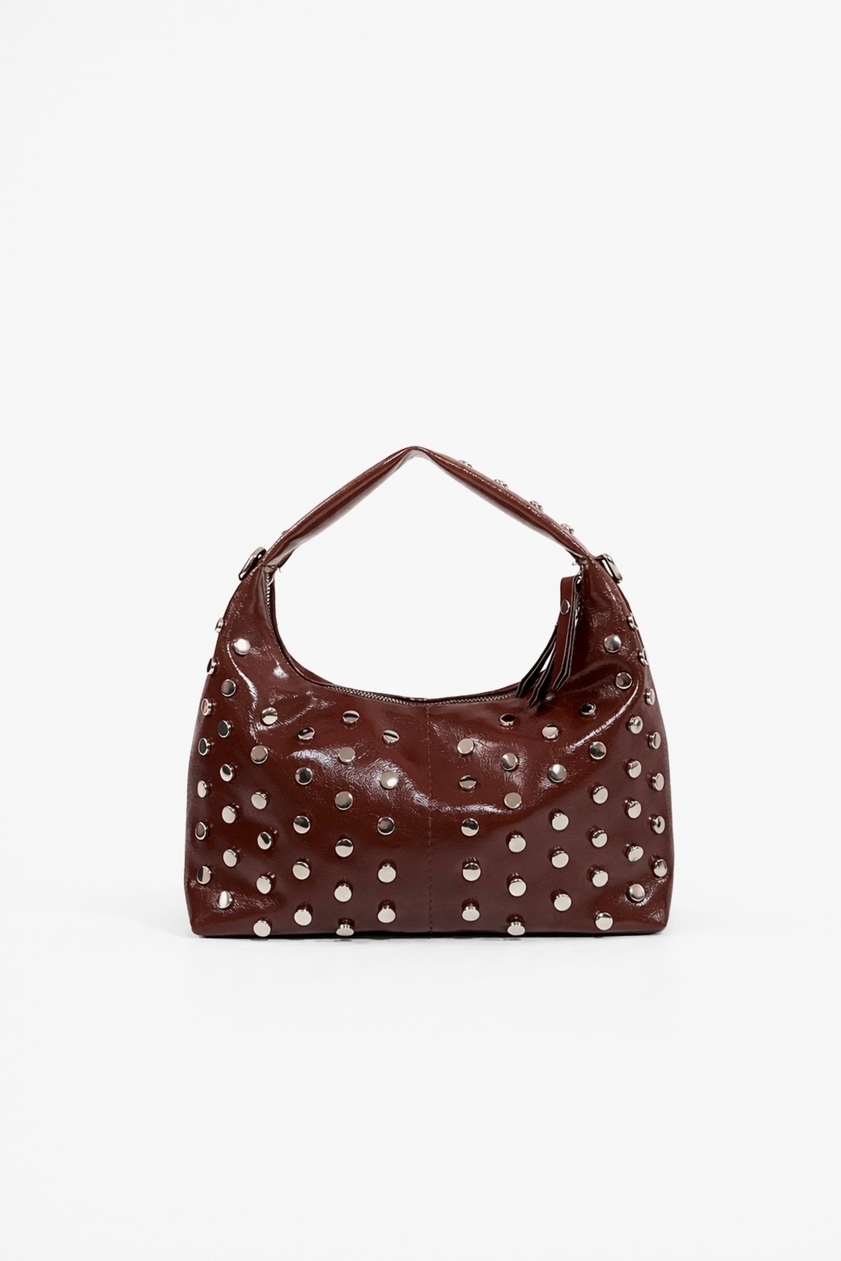Women's Stapled Leather Look Bag with Gemstone Brown Shiny
