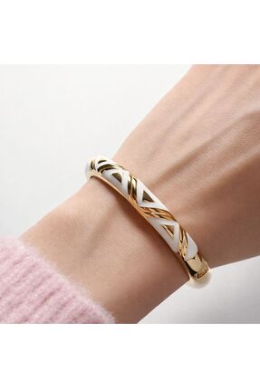 Lumiva accessories Gold Beyaz Mine Detaylı Geometrik Kelepçe Bileklik