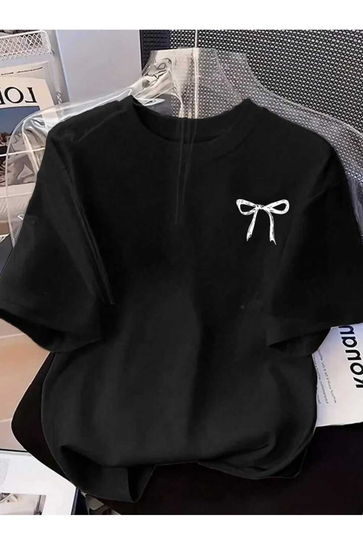 Framgan Kadın Mini Kurdele Özel Baskılı Oversize Pamuklu Bisiklet Yaka Regular Fit T-Shirt