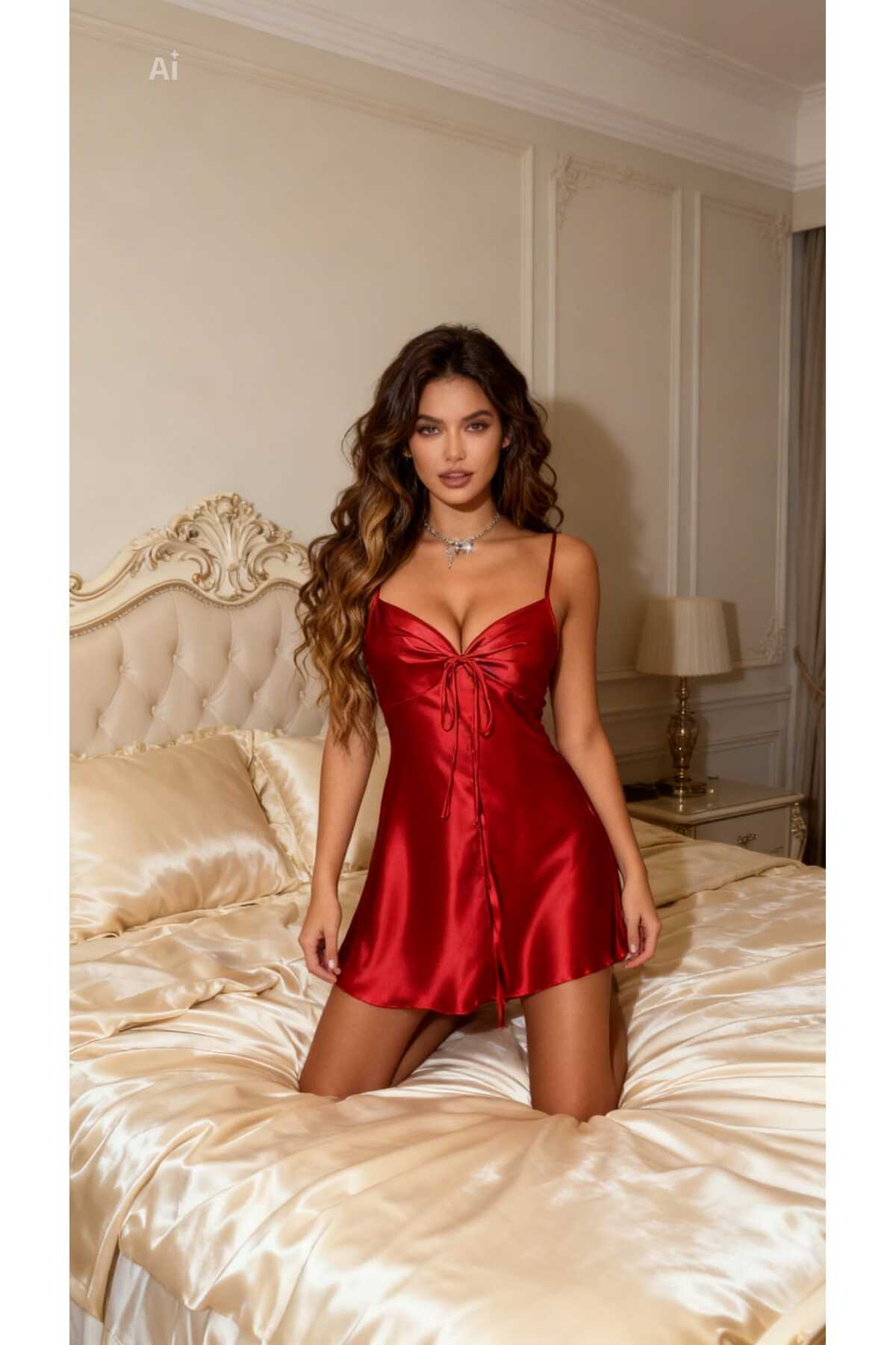 NiCe İç Giyim Kırmızı Saten Kumaş Fiyonk Detaylı İnce Ayarlanabilir Askılı Kadın Mini Gecelik