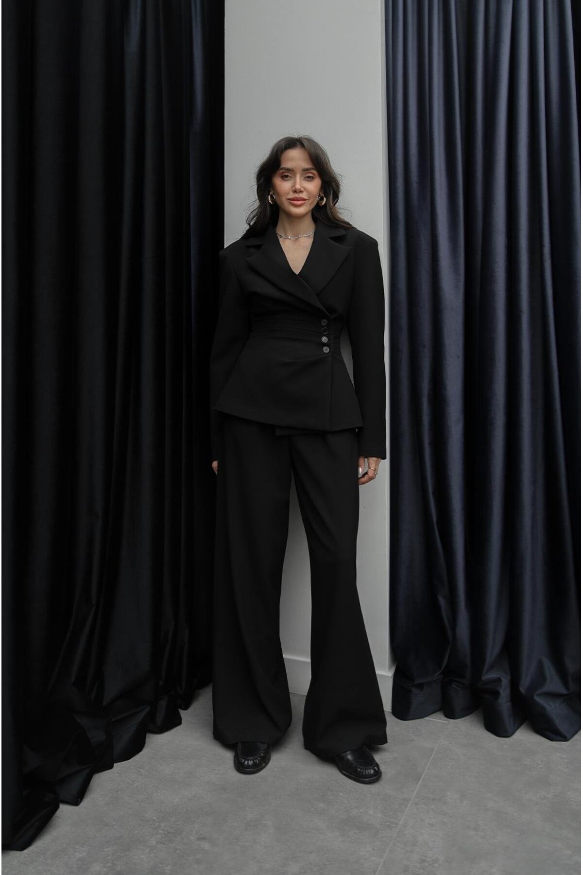 Black Accent Waist Detailed Jacket Pants Set