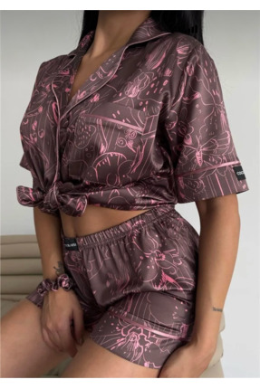 Noir Amour Kahve Desenli İpeksi Saten Şortlu Kadın Pijama Takımı – Luxury Seri