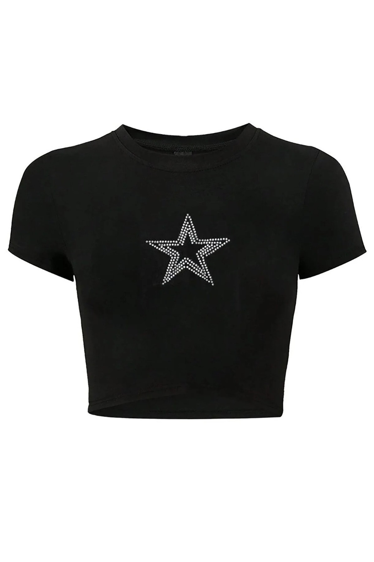 Gofeel Ophella Women's Star Figure Glitter Stone Printed Black Cropped Tshirt