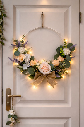ecrella Işıklı Çiçekli Kapı Süsü – LED’li Metal Halka Duvar Dekoru | Rustik G...