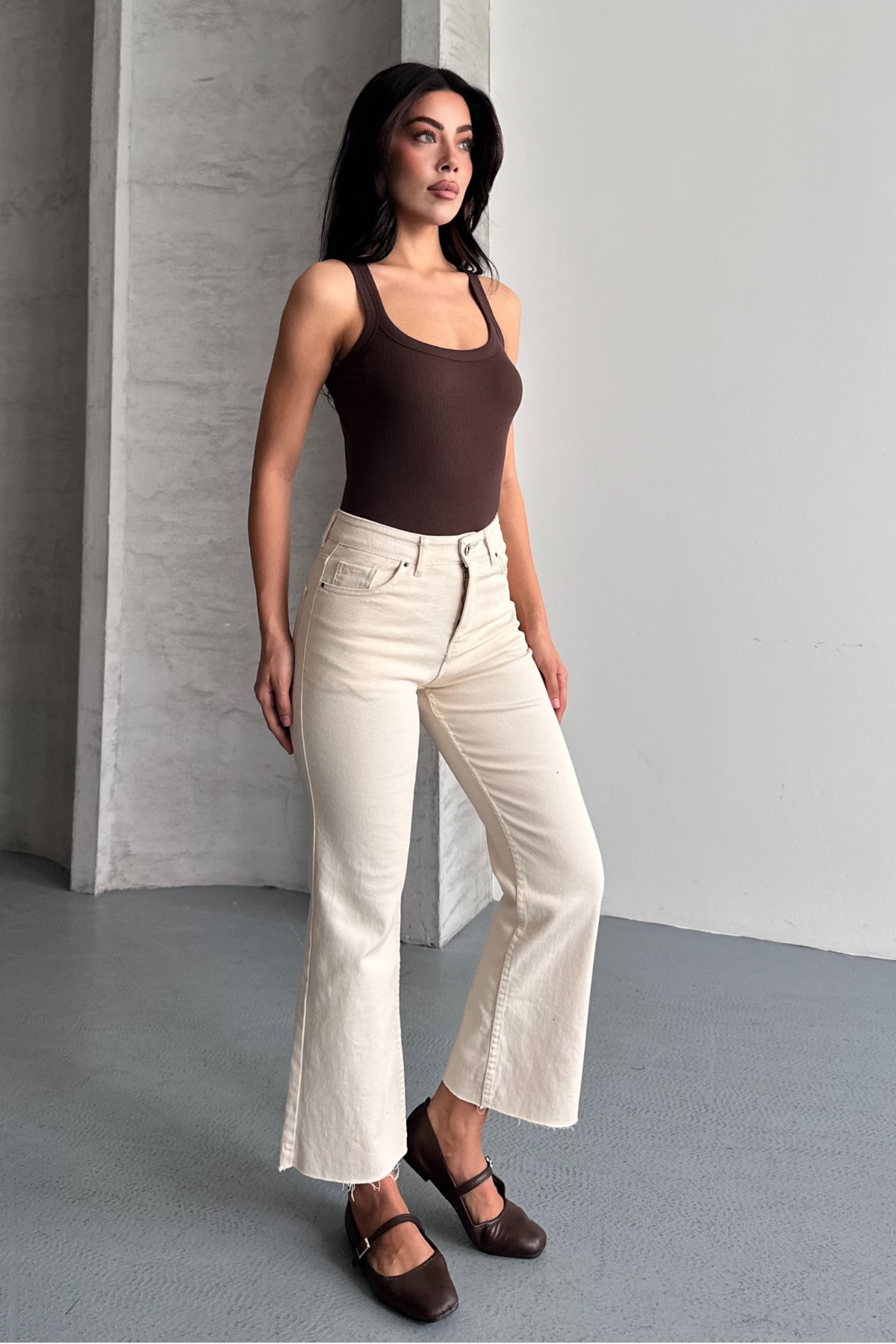 macharel jeans  Bej Boy Fit Kesik Paça Jean - Görsel 6