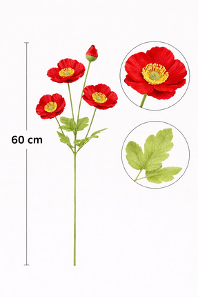 çiçek rengi dekor 60 cm Yapay Kırmızı Gelincik Çiçeği – Gerçek Dokulu Dekorat...