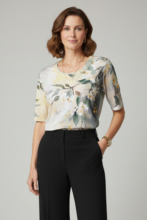 YXL COLLECTION Kadın Büyük Beden Likralı Bisiklet Yaka Çiçek Desenli Kısa Kol...
