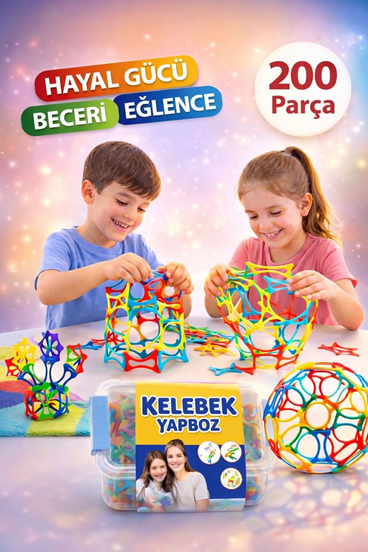 PAKİTO Kelebek Yapboz 200 Parça | Renkli Birleştirmeli Yapı-Şekil Oyuncağı Puzzle Eğitici Blok Seti (Saklama Kaplı)