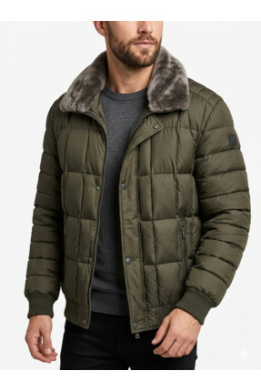 Diandor Erkek Haki Kürklü Yaka Şişme Mont - Slim Fit Kare Kapitone Bomber Ceket