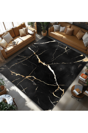 Heaven Home Design Lüks Siyah Mermer Halı Gold Efektli Modern Oturma Odası Ha...