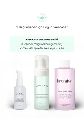 Kremiva 3’lü Arındırıcı Cilt Bakım Seti – Yüz Temizleme Köpüğü + Glikolik Asi...