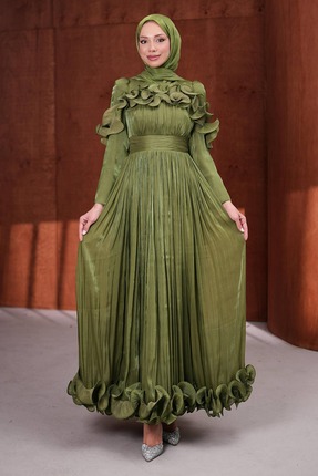 İmajButik Haki Yaka Ve Etek Ucu Fırfırlı Işıltılı Abiye