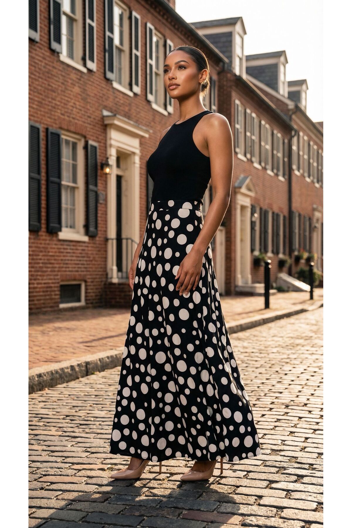 Eight Fashion  Kadın Siyah Beyaz Puantiyeli Yüksek Bel Uzun Viskon Etek - Görsel 3