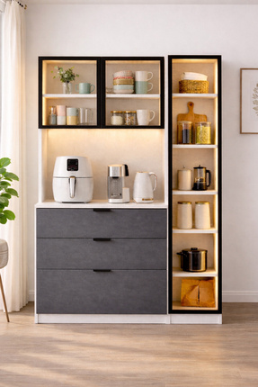 Setay Vitrinli Ünite, Laetus Kahve Köşesi + Çok Amaçlı Raflı Temperli Cam Kap...