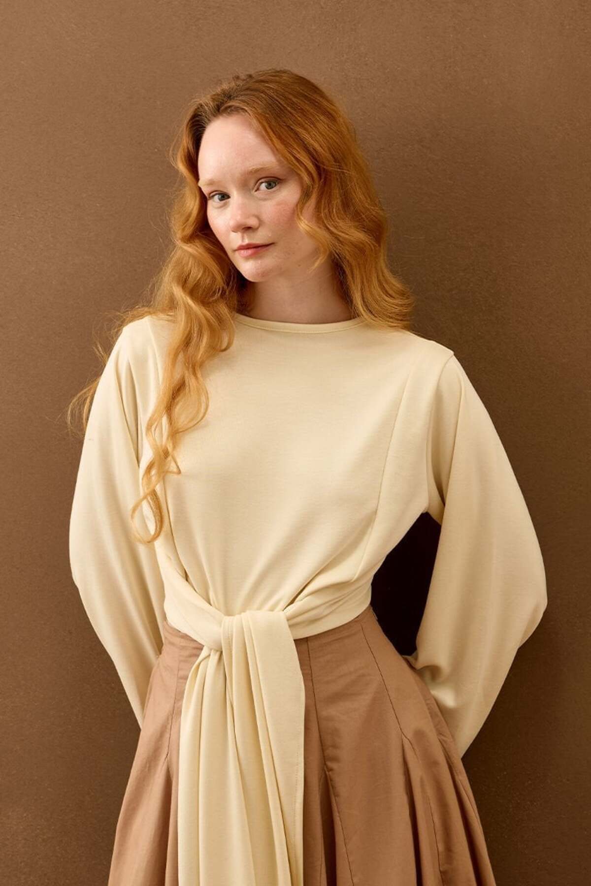 Cream Oysho Tie On Blouse