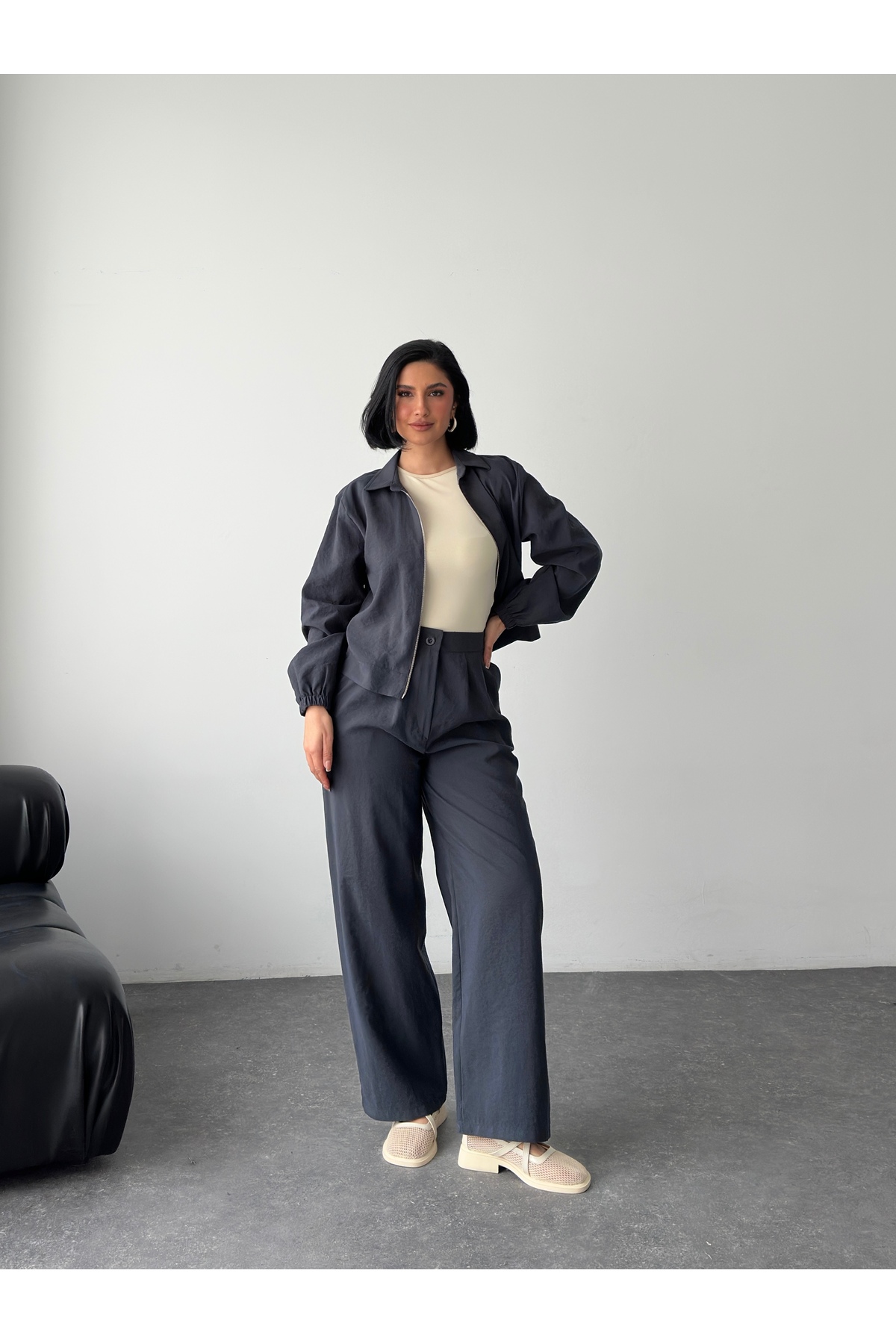 RACE FASHİON Zippered Jacket & Pleated Pants Set Rc9018