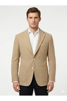 İMAJ MAĞAZACILIK Bej Rengi Örme Dokulu Erkek Slim Fit Blazer Ceket - Krem Düğ...