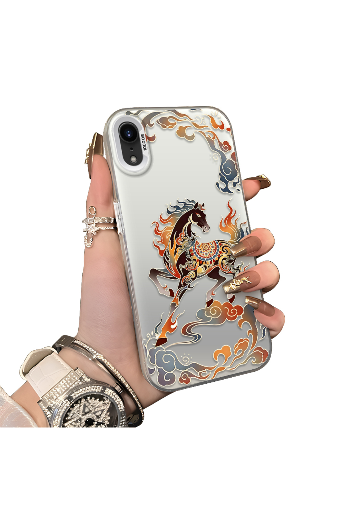 iPhone XR Compatible Hard Acrylic Rear Silicone Edge Lens Protection Case with Horse pattern