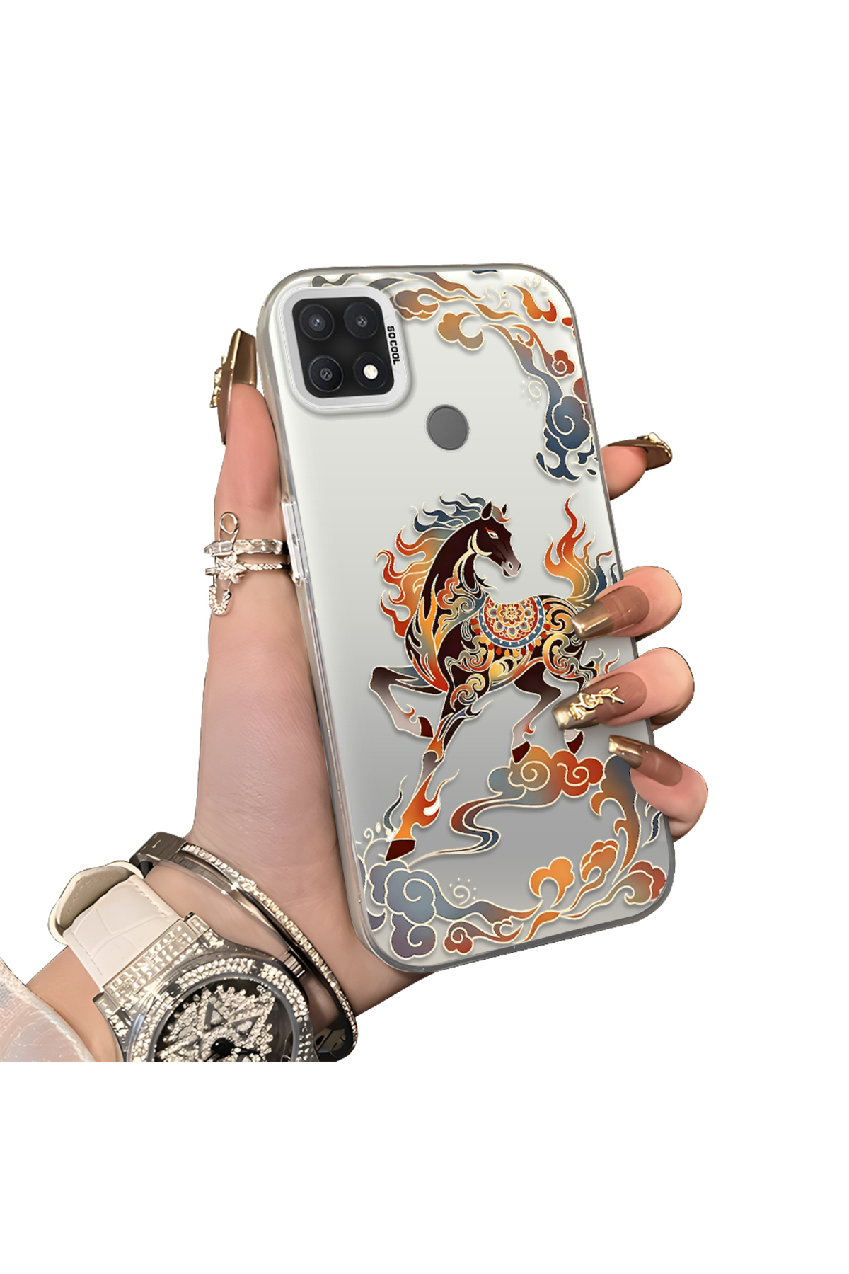 Oppo A15/A15S Compatible Hard Acrylic Rear Silicone Edge Lens Protection Case with Horse pattern