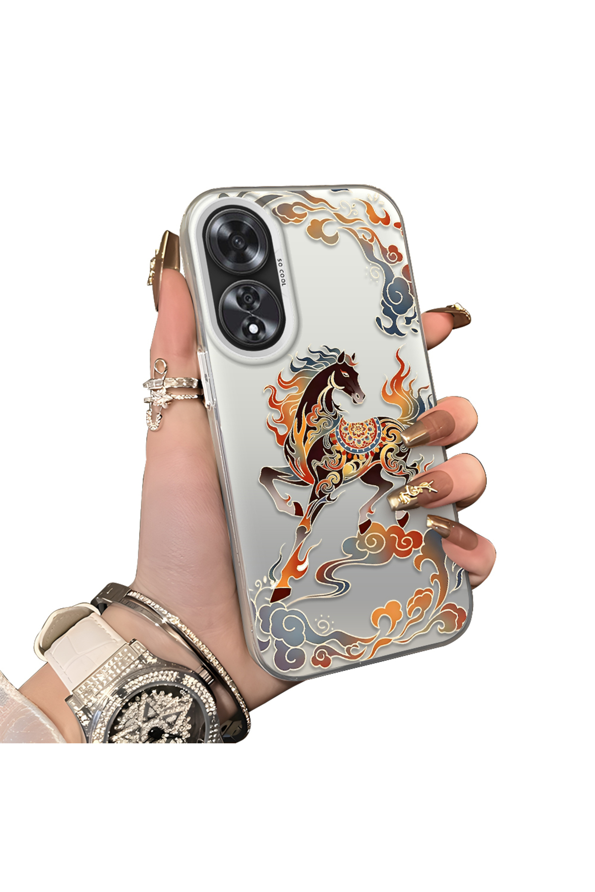 OPPO A60 Compatible Hard Acrylic Rear Silicone Edge Lens Protection Case with Horse pattern