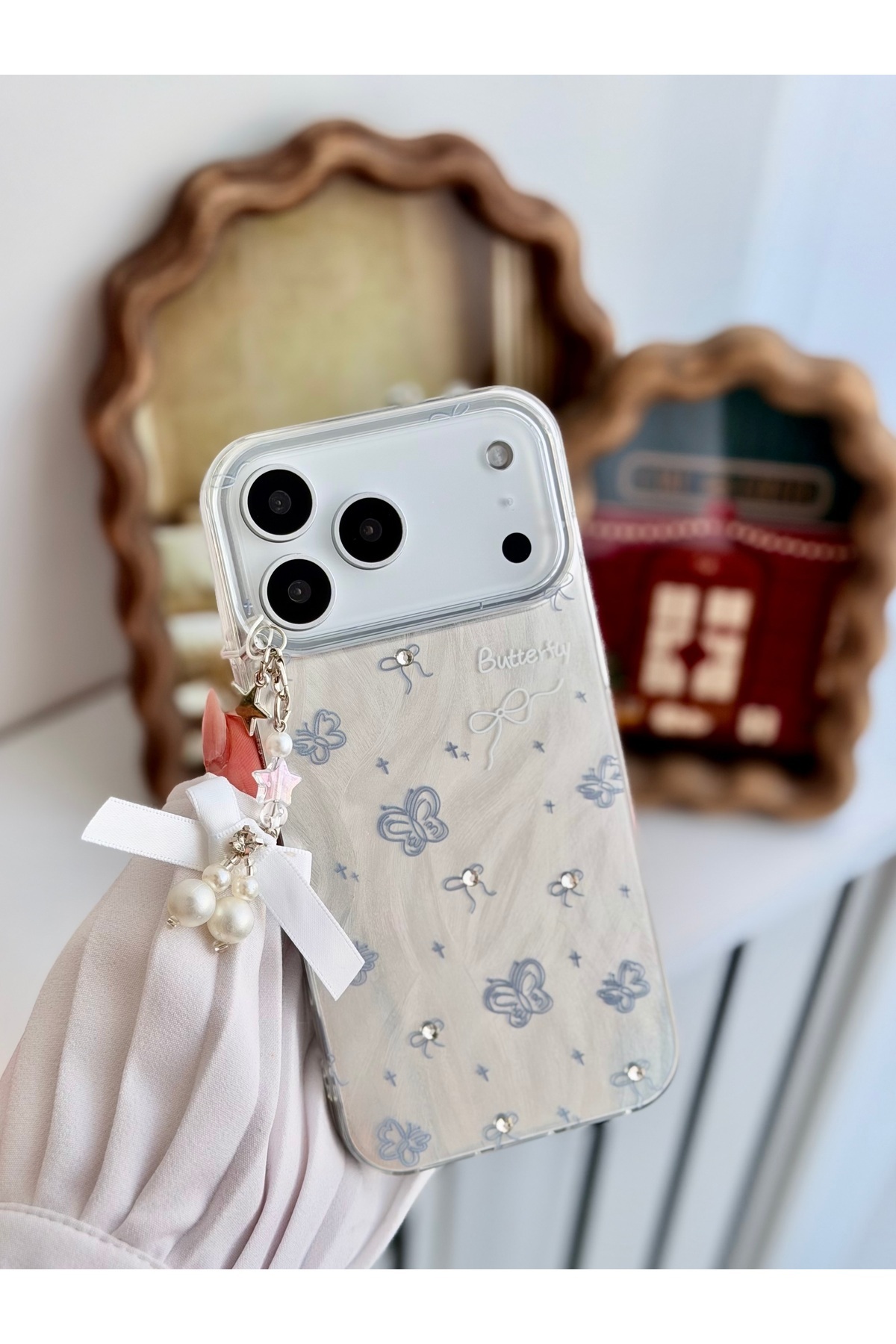 Iphone 17 Promax Compatible Charm Pearl Ribbon Design Flexible Silicone Case with Toy