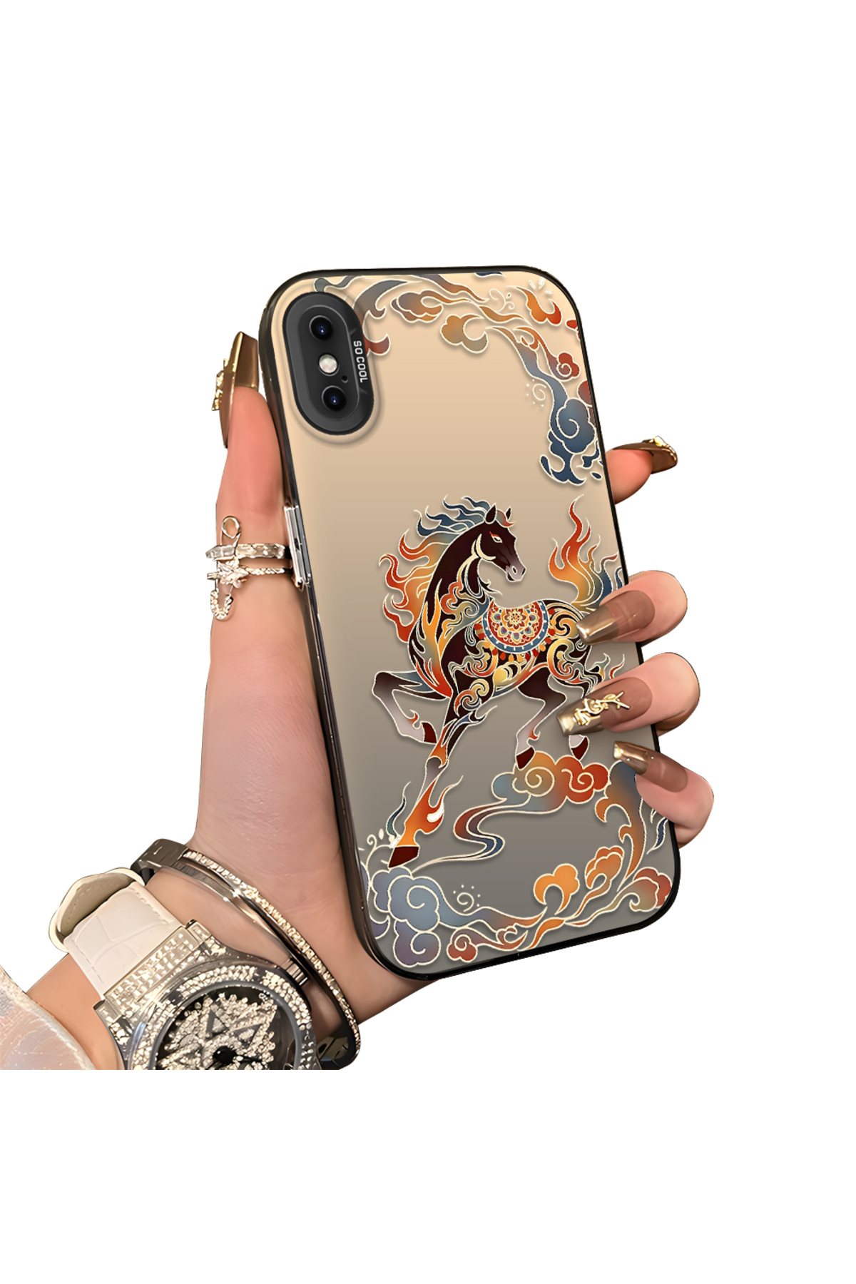 iPhone X/XS Compatible Hard Acrylic Back Silicone Edge Lens Protection Case with Horse pattern