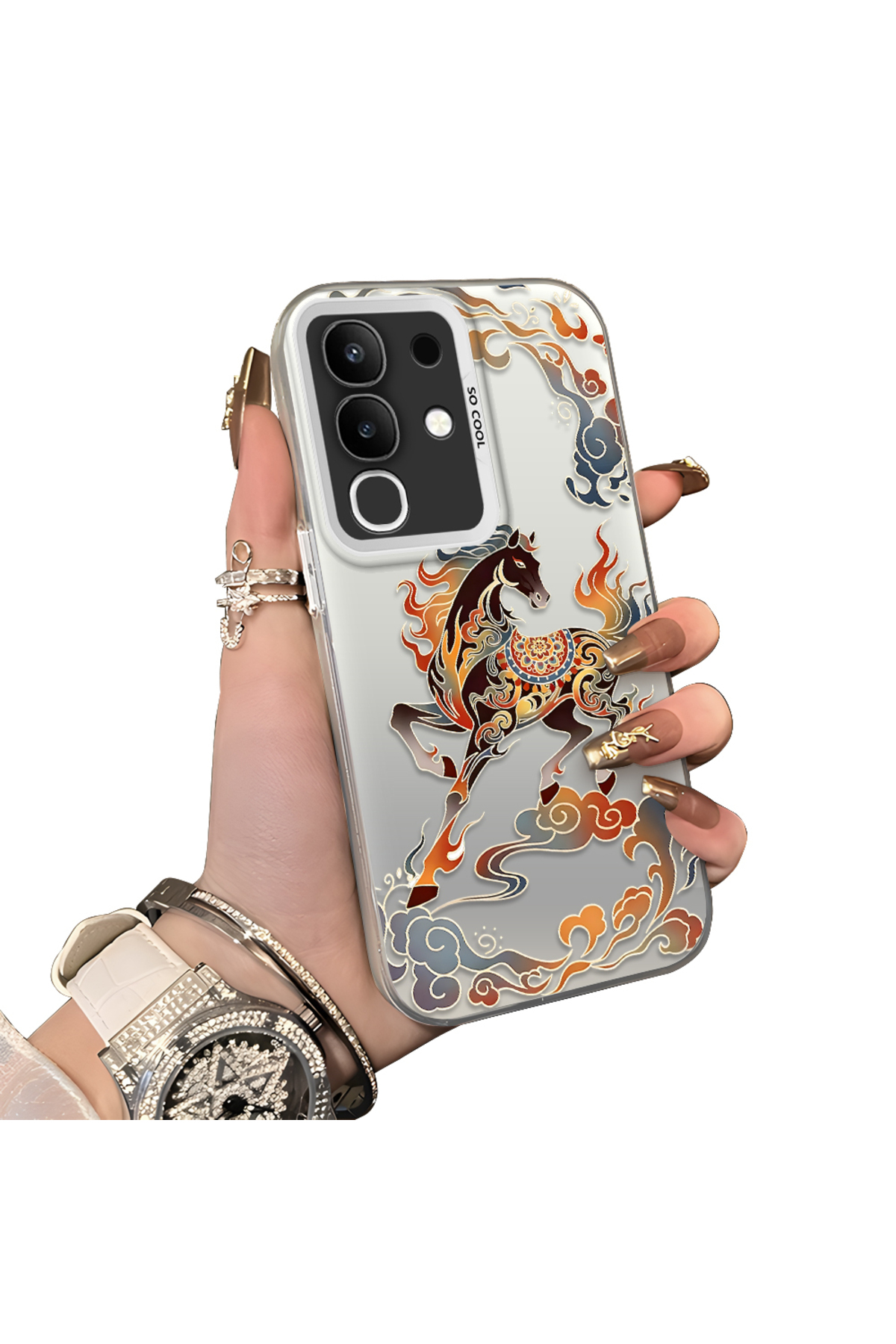 Vivo Y29 4G Compatible Hard Acrylic Rear Silicone Edge Lens Protection Case with Horse pattern