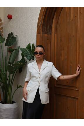 Zey Studio Kadın Beyaz Kısa Kollu Ceket