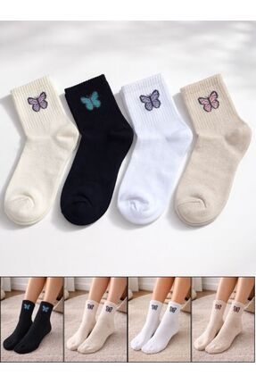 VerdeHome Kelebek Desenli 4’lü Kadın Çorap Seti – Pamuklu, Günlük Kullanım, Y...