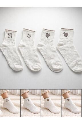 VerdeHome Minimal Desenli Beyaz Kadın Soket Çorap Seti – 4’lü Pamuklu Çorap (...